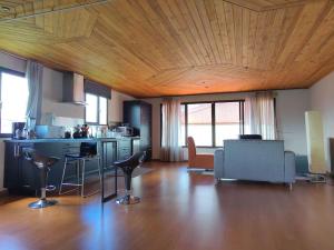 埃雷迪亚видовая квартира в Heredia的厨房和带木制天花板的客厅