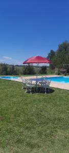 圣拉斐尔Tierra del Sol y el Vino的一张带红伞的野餐桌,毗邻游泳池