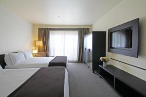 汉默温泉Hanmer Springs Hotel的酒店客房设有两张床和一台平面电视。
