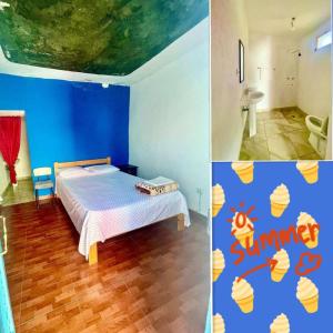 PortelaPensão CasaDanilo的卧室配有一张床和一间浴室的两张照片