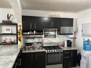 San CarlosPuerto San Carlos Bay House & Tours -1st Floor-的厨房配有黑色橱柜和炉灶烤箱。