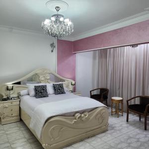 开罗Comfortable Apartment in sheraton Heliopolis 5 minutes from Cairo Airport的一间卧室配有一张大床和一个吊灯。