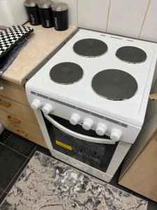 MadeleyManny’s的厨房里设有一个白色炉灶烤箱
