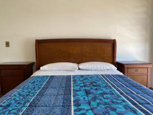 MaipoDepartamento centro Buin的一张带两个床头柜和蓝色被子的床