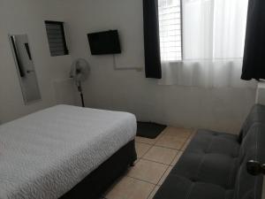 危地马拉Global Airport Inn FREE Shuttle的卧室配有1张床、风扇和窗户。