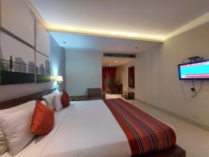 BāghdograOrbit Hotel的卧室配有一张大床,墙上配有电视