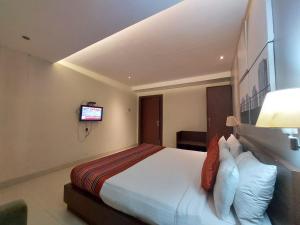 BāghdograOrbit Hotel的一间酒店客房,配有一张床和一台电视