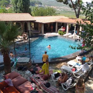 塞尔丘克Efes Hidden Garden Resort Otel的一群人坐在游泳池周围