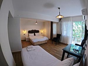 塞尔丘克Efes Hidden Garden Resort Otel的一间酒店客房,一间设有一张床和一张书桌