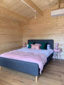 惠茨特布尔Bijou Bunker的木制客房内的一间卧室配有一张大床
