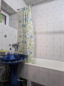 基希讷乌Buddha Hostel的浴室配有蓝色水槽和浴缸。