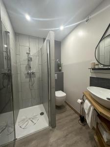 蒙多夫莱班快乐之源的带淋浴、卫生间和盥洗盆的浴室