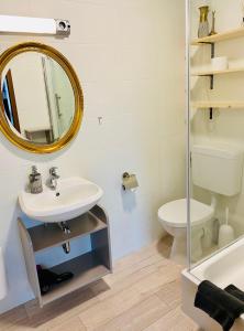 费马恩Kajüthus Apartment 1的一间带水槽、镜子和卫生间的浴室