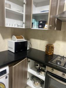 斯法克斯Superbe appartement hautstanding的厨房配有炉灶和微波炉。