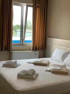 诺维萨德Kristal Garni Hotel的一张带三个枕头的床和窗户