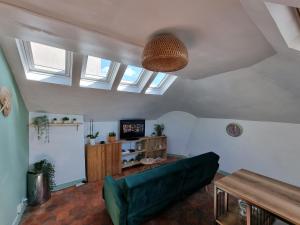 凡尔赛Charmant studio proche du château的客厅设有绿色沙发和天窗。
