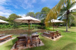 阿杭格默Nirbana Retreat的一个带椅子和遮阳伞的庭院和一个池塘