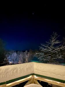 SkultunaSkultuna Hotell & Konferens的夜晚一棵雪树的景色