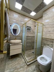 巴库The Mirror Hotel的带淋浴、卫生间和盥洗盆的浴室