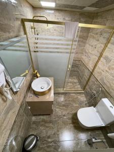 巴库The Mirror Hotel的浴室配有卫生间、盥洗盆和淋浴。