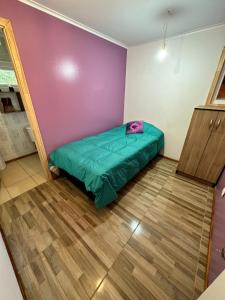 Habitación con baño privado的一间小卧室,角落里设有一张绿色的床
