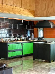 Habitación con baño privado的厨房设有绿色和黑色橱柜