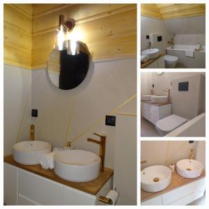 SidzinaNiedźwiedzi Zakątek的浴室的三张照片,配有两个水槽和镜子