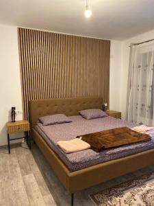 DumbrăviţaRental house的一间卧室配有一张床铺,床上有毯子
