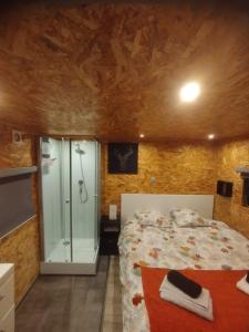 亚眠Le Cottage des Hortillonnages的一间卧室设有一张床和一个玻璃淋浴间