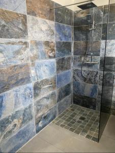 勒迪亚芒VILLA BOIS AND NATURE的带淋浴的浴室和玻璃门