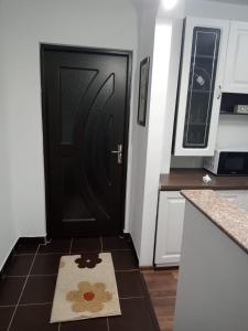 苏恰瓦Penti Apartament的厨房里设有黑色的门,铺有瓷砖地板