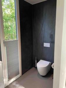 奥斯特沃尔德Chalet goudmeer LUXURY AIRCO WIFI 3 bedrooms 2 bathrooms的一间带白色卫生间的浴室和窗户。