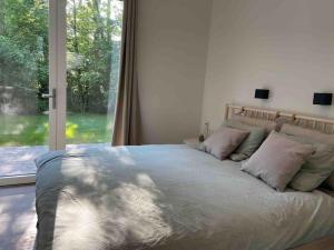 奥斯特沃尔德Chalet goudmeer LUXURY AIRCO WIFI 3 bedrooms 2 bathrooms的卧室内的一张床铺,设有大窗户