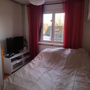 DösjebroLyckans Lodge的一间卧室配有床和红色窗帘的窗户
