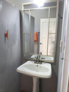 库尔克岛Beach Club Budget Rooms at Popeyes Caye Caulker的一间带水槽和镜子的浴室