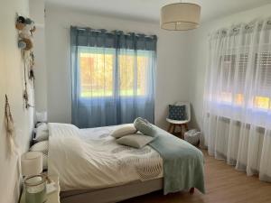 安锡Appartement 4 à 6 pers Annecy的一间卧室配有一张带蓝色窗帘的床和一扇窗户