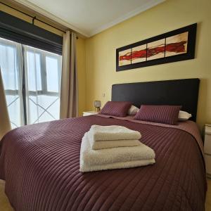 里亚萨Casa Adriego的一间卧室配有一张紫色床和毛巾