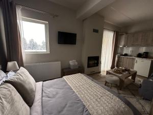 埃拉蒂特里卡隆Lagos Apartment的一间卧室配有一张床、一张桌子和一个窗户。