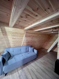 丰达塔RoiA Chalet Fundata 1的配有木制天花板的蓝色沙发