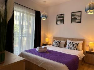 蒂米什瓦拉Lipatti 15 Apartments by GLAM LUXURY的一间卧室配有一张带紫色床单的床和窗户。
