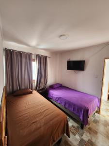 伊基克El Pescador的一间卧室设有两张床,墙上配有电视。