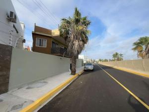 萨利纳斯Suites- Salinas的棕榈树环绕的街道边的汽车