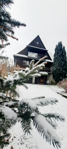 希维拉杜夫-兹德鲁伊Sępia Chata Dom Do Wynajęcia的前面的地面上积雪的房子