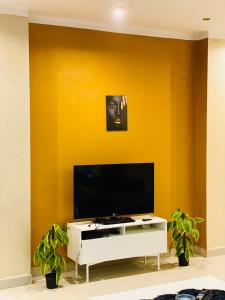 开罗شقه مفروشه للإيجار تفرعات شارع مكرم عبيد مدينه نصر的一间带电视和黄色墙壁的客厅