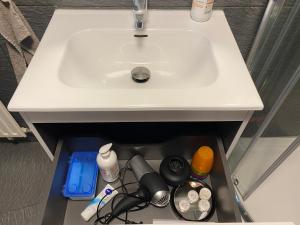 卢森堡studio CHEZ TONY的浴室柜台下的白色水槽和抽屉
