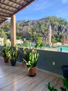 邦热苏斯-达拉帕Hotel Grutta的山景阳台,种植了盆栽植物。