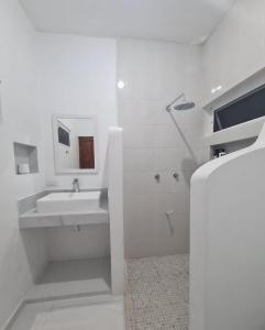 Dzilam de BravoCasa Azul Cielo的白色的浴室设有水槽和淋浴。
