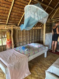 卢甘维尔Million Dollar View的一张位于带蚊帐的房间内的床铺