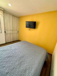派帕paipa casa bonita的一间卧室设有一张床,黄色的墙壁上配有电视