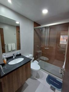 科恰班巴Un lugar para ti en Cochabamba.的浴室配有卫生间、盥洗盆和淋浴。